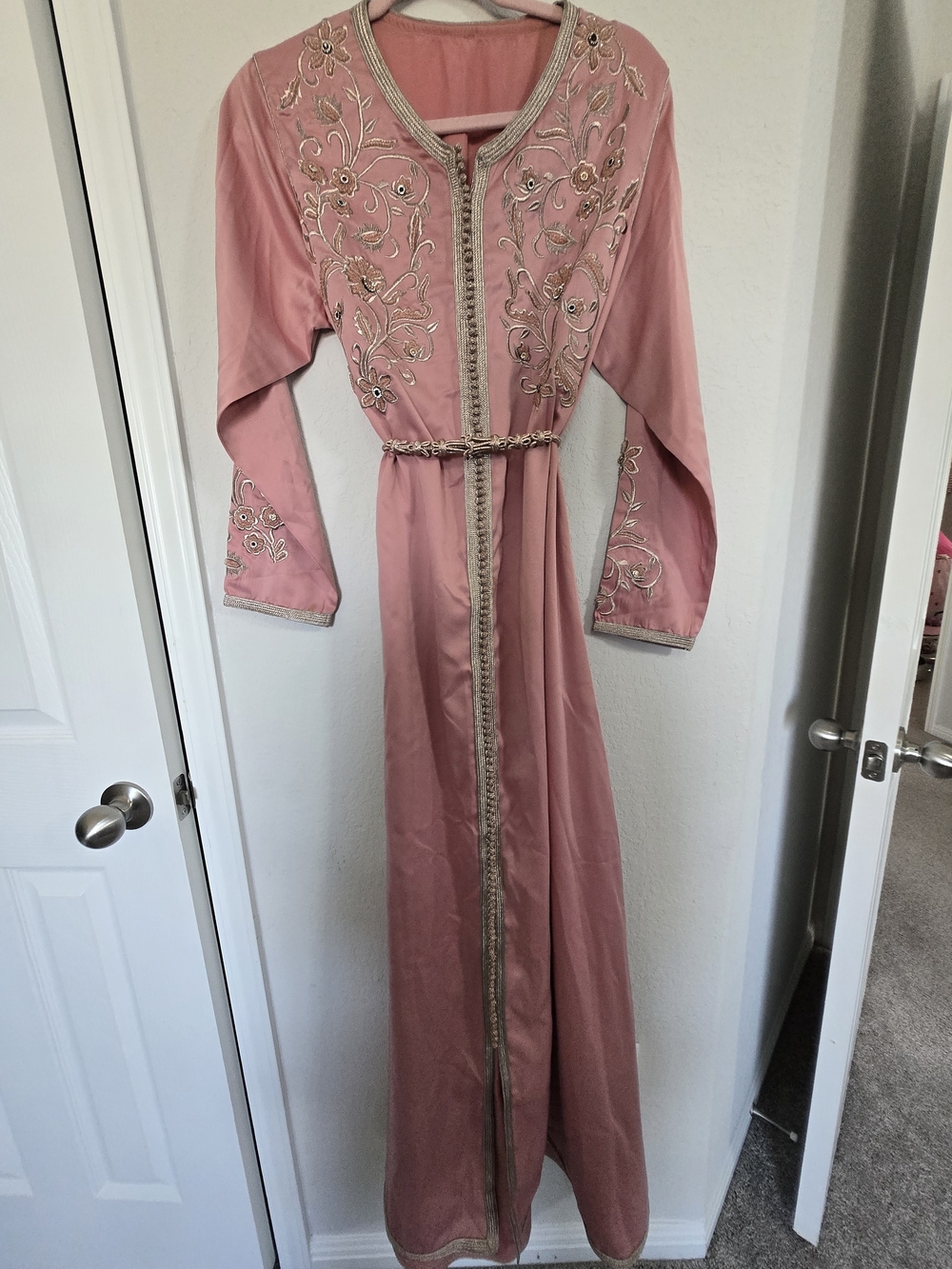 Elegant Pink Embroidered Maxi Dress with Gold Trim